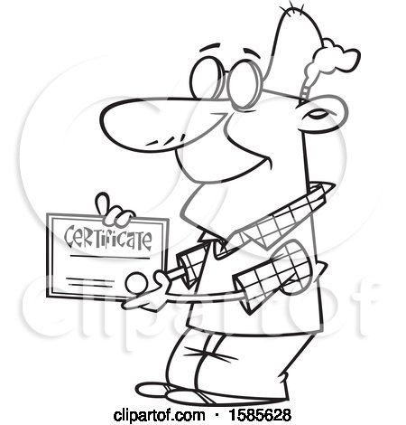Clipart of a Cartoon Line Art Proud Senior Man Holding a Certificate - Royalty Free Vector Illustration by toonaday