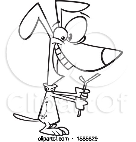 Clipart of a Cartoon Line Art Dog Playing with a Stick - Royalty Free Vector Illustration by toonaday