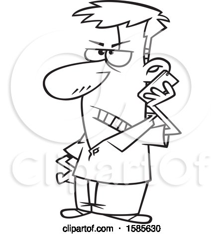 Clipart of a Cartoon Line Art Angry Man on the Phone with a Telemarketer - Royalty Free Vector Illustration by toonaday
