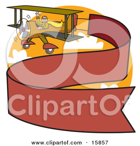 Man Waving While Flying A Biplane With A Long Red Banner Trailing Behind Clipart Illustration by Andy Nortnik
