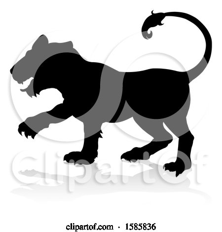 Clipart of a Silhouetted Lioness, with a Reflection or Shadow, on a White Background - Royalty Free Vector Illustration by AtStockIllustration