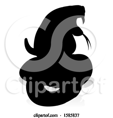 Clipart of a Silhouetted Cobra Snake, with a Reflection or Shadow, on a White Background - Royalty Free Vector Illustration by AtStockIllustration