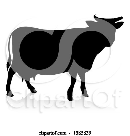 Clipart of a Silhouetted Cow, with a Reflection or Shadow, on a White Background - Royalty Free Vector Illustration by AtStockIllustration