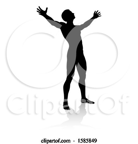 Clipart of a Silhouetted Man Holding His Arms up to the Sky, with a Reflection or Shadow, on a White Background - Royalty Free Vector Illustration by AtStockIllustration