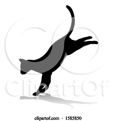 Clipart of a Silhouetted Landing Cat, with a Reflection or Shadow, on a White Background - Royalty Free Vector Illustration by AtStockIllustration
