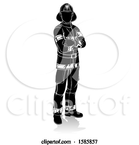 Clipart of a Silhouetted Fireman, with a Reflection or Shadow, on a White Background - Royalty Free Vector Illustration by AtStockIllustration
