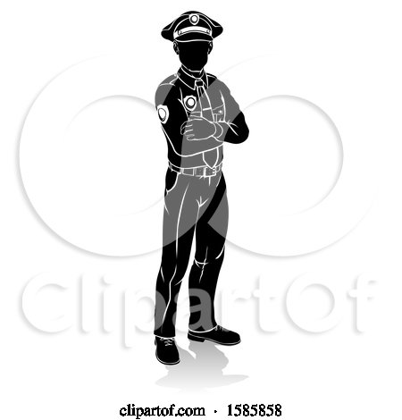 Clipart of a Silhouetted Police Man, with a Reflection or Shadow, on a White Background - Royalty Free Vector Illustration by AtStockIllustration