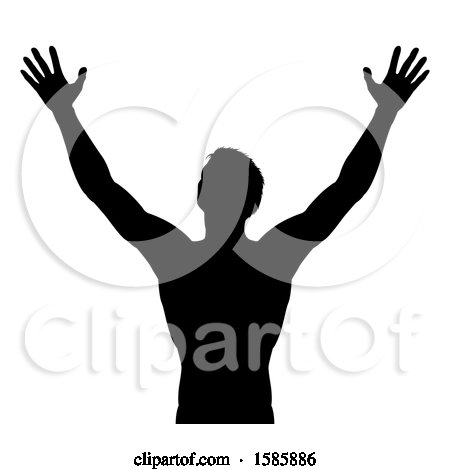 Clipart of a Silhouetted Man Holding His Arms up to the Sky - Royalty Free Vector Illustration by AtStockIllustration