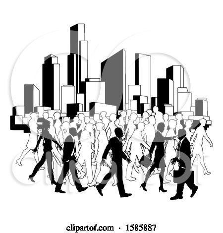 Clipart of a Silhouetted Busy City with Business Men and Women - Royalty Free Vector Illustration by AtStockIllustration