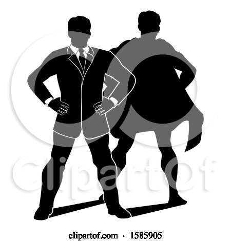Clipart of a Silhouetted Businessman Standing with Folded Arms and a Super Hero Shadow - Royalty Free Vector Illustration by AtStockIllustration