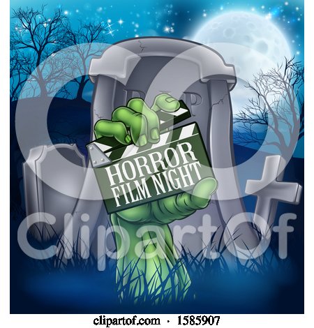 Clipart of a Green Zombie Hand Holding a Horror Film Night Clapperboard in Front of a Tombstone - Royalty Free Vector Illustration by AtStockIllustration