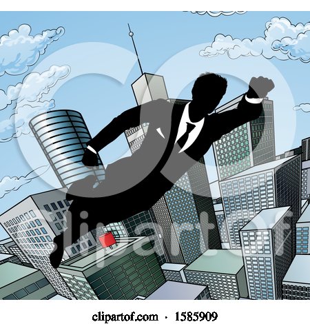Clipart of a Silhouetted Super Business Man Flying Through a City - Royalty Free Vector Illustration by AtStockIllustration