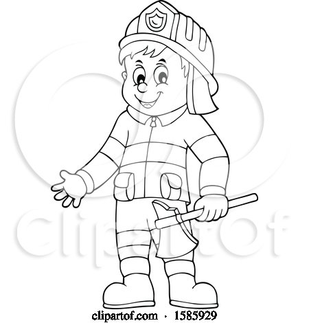 Clipart of a Cartoon Lineart Fire Man Holding an Axe - Royalty Free Vector Illustration by visekart