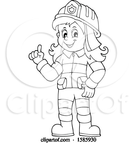 Clipart of a Cartoon Lineart Fire Woman Holding up a Finger - Royalty Free Vector Illustration by visekart