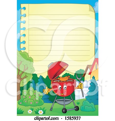 Clipart of a Ruled Paper Border with a Red Bbq Grill - Royalty Free Vector Illustration by visekart