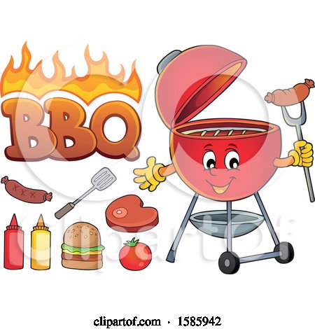 Clipart of a Red Bbq Grill Character and Food - Royalty Free Vector Illustration by visekart