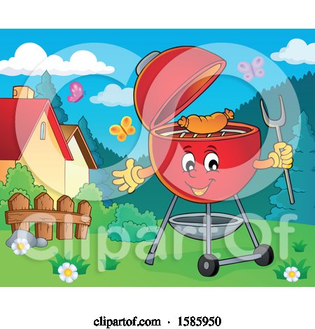Clipart of a Yard with a Red Bbq Grill - Royalty Free Vector Illustration by visekart