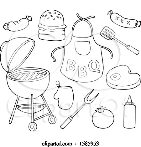 Clipart of a Bbq Grill, Food and Accessories - Royalty Free Vector Illustration by visekart