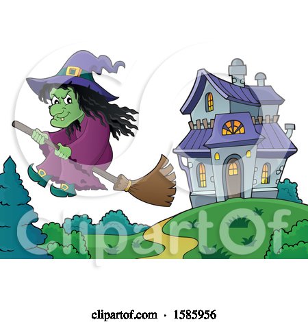 Clipart of a Witch Flying near a Haunted House - Royalty Free Vector Illustration by visekart