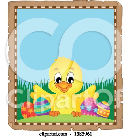 Clipart of a Parchment Border of an Easter Chick - Royalty Free Vector Illustration by visekart