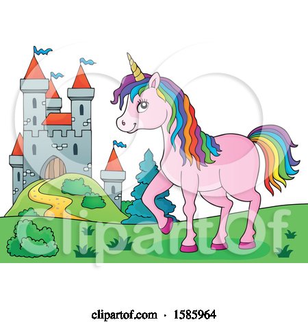 Clipart of a Unicorn near a Castle - Royalty Free Vector Illustration by visekart