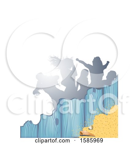 Clipart of a Summer Time Sandy Beach and Shells Party Background with Silhouetted Dancers, on White - Royalty Free Vector Illustration by dero