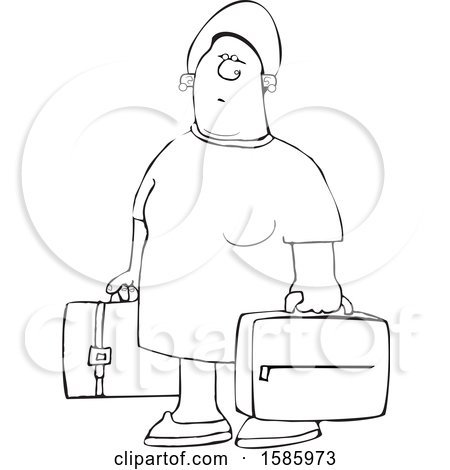 Clipart of a Cartoon Lineart Black Woman Carrying Suitcases - Royalty Free Vector Illustration by djart