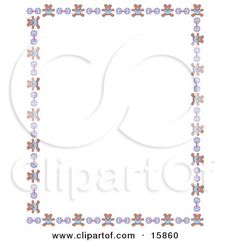 Stationery Border Of Teddy Bears And Baby Rattles Over A White Background Clipart Illustration by Andy Nortnik