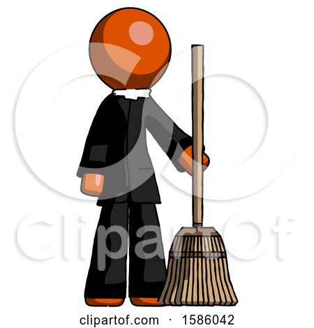 Orange Clergy Man Standing with Broom Cleaning Services by Leo Blanchette