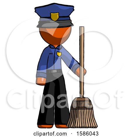Orange Police Man Standing with Broom Cleaning Services by Leo Blanchette