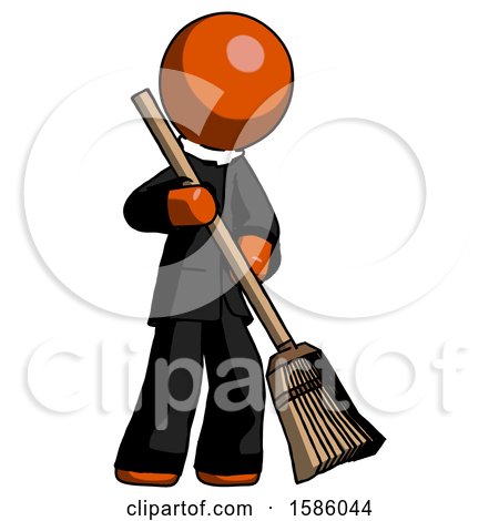 Orange Clergy Man Sweeping Area with Broom by Leo Blanchette
