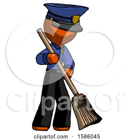 Orange Police Man Sweeping Area with Broom by Leo Blanchette