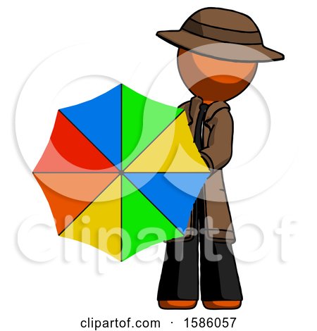 Orange Detective Man Holding Rainbow Umbrella out to Viewer by Leo Blanchette