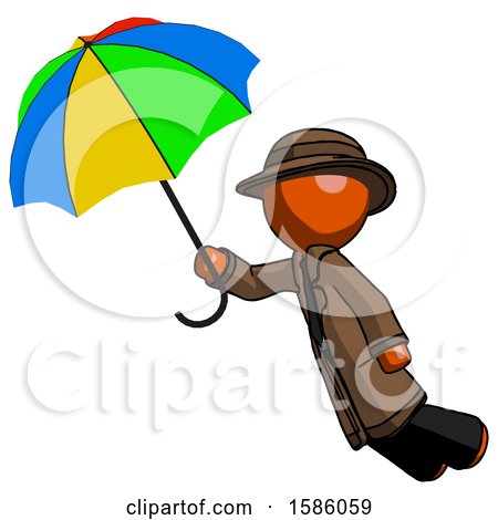 Orange Detective Man Flying with Rainbow Colored Umbrella by Leo Blanchette