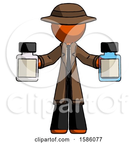 Orange Detective Man Holding Two Medicine Bottles by Leo Blanchette