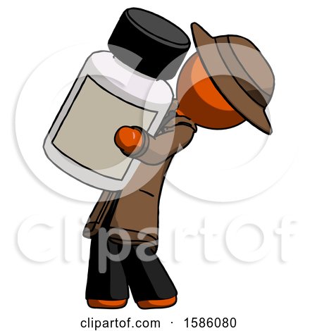 Orange Detective Man Holding Large White Medicine Bottle by Leo Blanchette