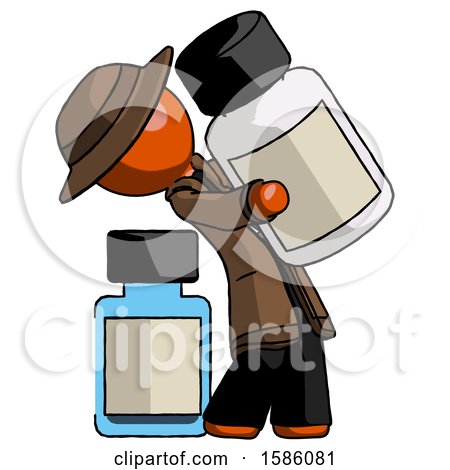 Orange Detective Man Holding Large White Medicine Bottle with Bottle in Background by Leo Blanchette