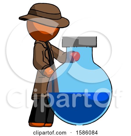 Orange Detective Man Standing Beside Large Round Flask or Beaker by Leo Blanchette