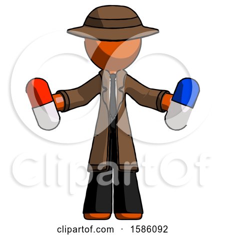 Orange Detective Man Holding a Red Pill and Blue Pill by Leo Blanchette
