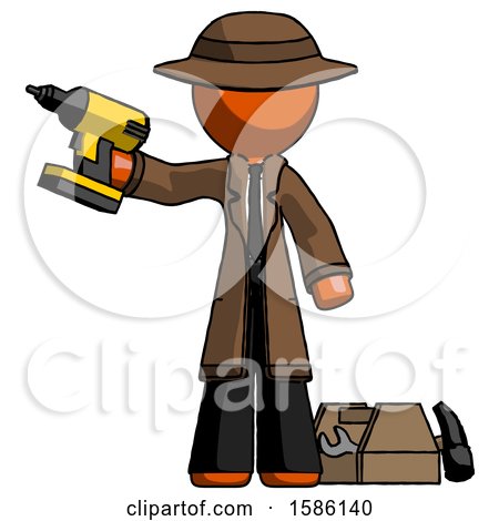 Orange Detective Man Holding Drill Ready to Work, Toolchest and Tools to Right by Leo Blanchette