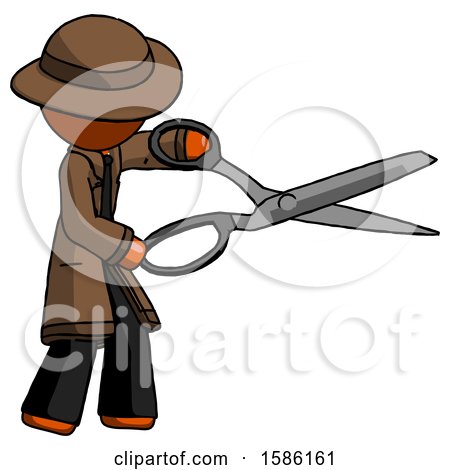 Orange Detective Man Holding Giant Scissors Cutting out Something by Leo Blanchette