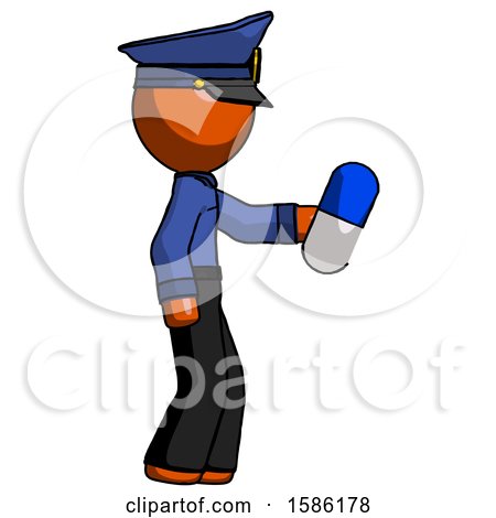 Orange Police Man Holding Blue Pill Walking to Right by Leo Blanchette