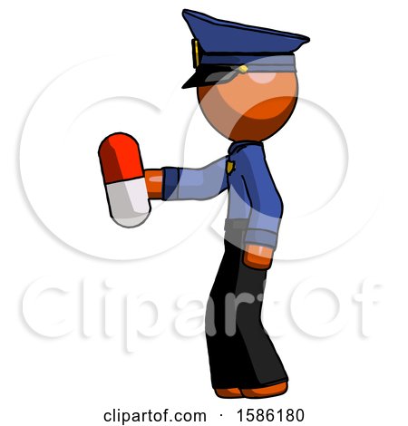 Orange Police Man Holding Red Pill Walking to Left by Leo Blanchette