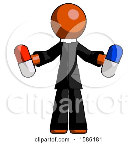 Orange Clergy Man Holding a Red Pill and Blue Pill by Leo Blanchette