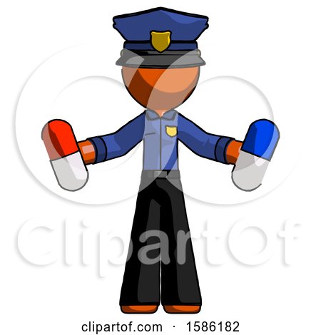 Orange Police Man Holding a Red Pill and Blue Pill by Leo Blanchette