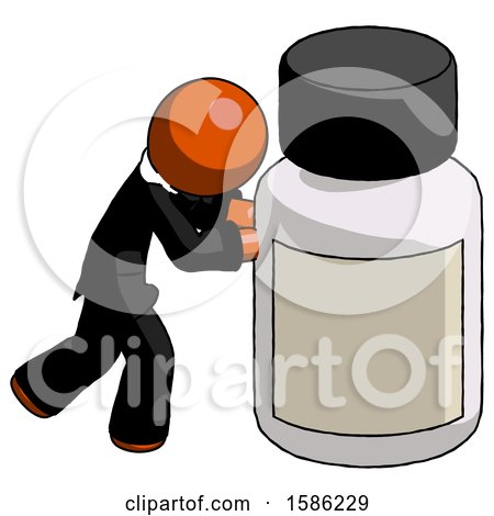 Orange Clergy Man Pushing Large Medicine Bottle by Leo Blanchette