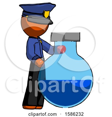 Orange Police Man Standing Beside Large Round Flask or Beaker by Leo Blanchette