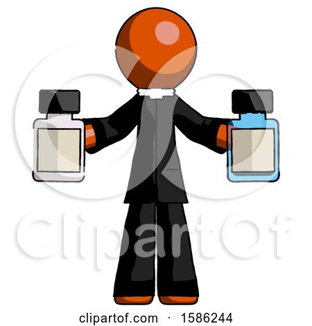 Orange Clergy Man Holding Two Medicine Bottles by Leo Blanchette