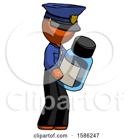 Orange Police Man Holding Glass Medicine Bottle by Leo Blanchette