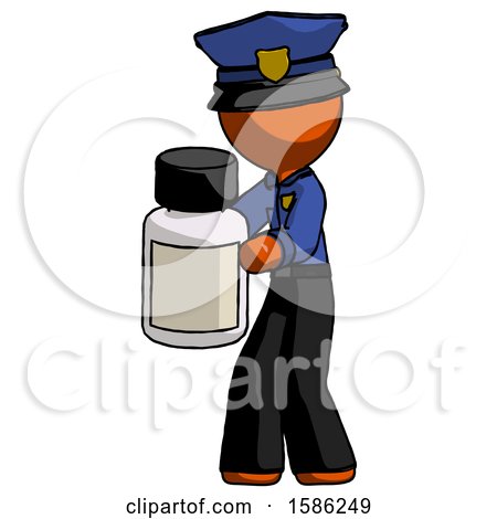 Orange Police Man Holding White Medicine Bottle by Leo Blanchette